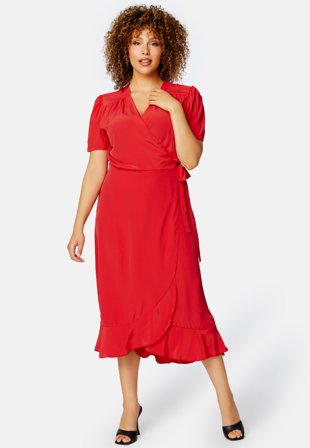 John Zack Curve Short Sleeve Wrap Frill Curve Dress Red Klær