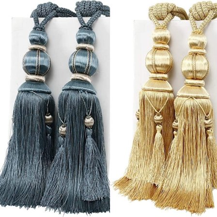 Sæt med 4 gardinholdere med reb, frynser og kugle, (mørkeblå, Go