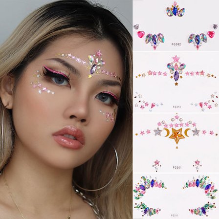 Set med 4 Rhinestone Mermaid Face Jewel Tattoos - Body Stickers Te