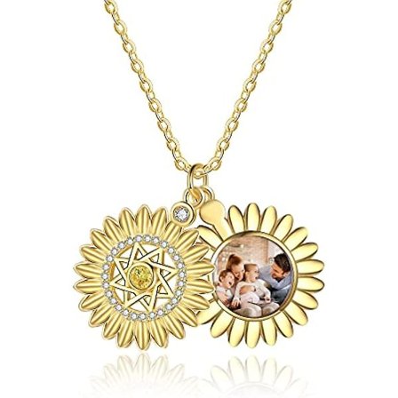 Personligt Halsband med Solros - Lagofit Halsband med Solros och Födsten - Halsband med Foto och Gravyr - Halsband med Locket