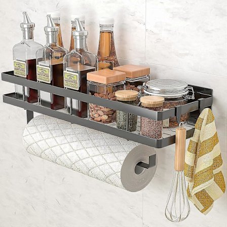 Svart 35cm Kjøkkenhylle, Kjøkkenkrydderoppbevaring med 4 Kroker og Kjøkkenrullholder, Veggmontert Hylle uten Boring for Krydder, Bokser, Glass, Kjøk