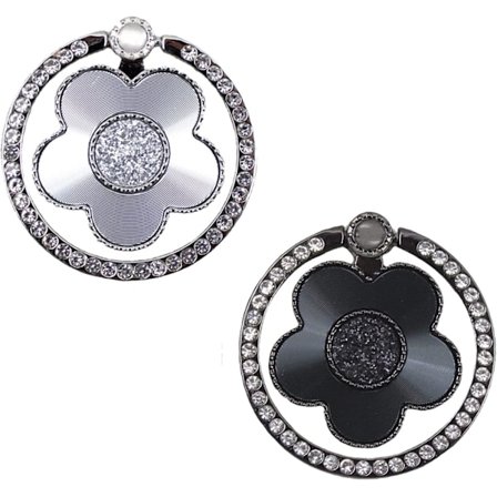 Mobilring Blomsterholder, 2 stk. Metall Mobiltelefonholder Fingerstativ, 180 Graders Universell Fingerholder for Alle Mobiltelefoner (Svart + Sølv)