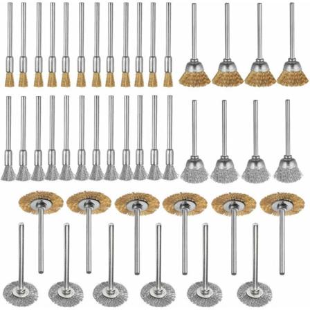 44 kappaleen minilanka-harjakupin pyörän messinkiteräsharjasarja 1/8 tuuman (3 mm) varsi pyöriville työkaluille kiillotuskiillotustyökalut