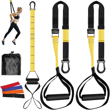 Motstandstreningssett, 2 justerbare kroppsvekt-motstandsband med håndtak + 1 dørforankring + 4 motstandsloopband for trening, tåler opptil 90 kg