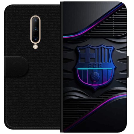 Kompatibelt Lommeboketui til OnePlus 7 Pro FC Barcelona klubbemblem i neonblått og rosa med futuristisk metallisk design