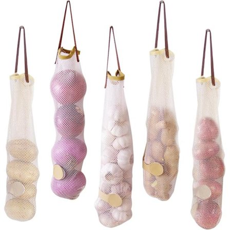 Løkposer oppbevaringskurver (5 stk) - Hengende nettposer for frukt og grønnsaker