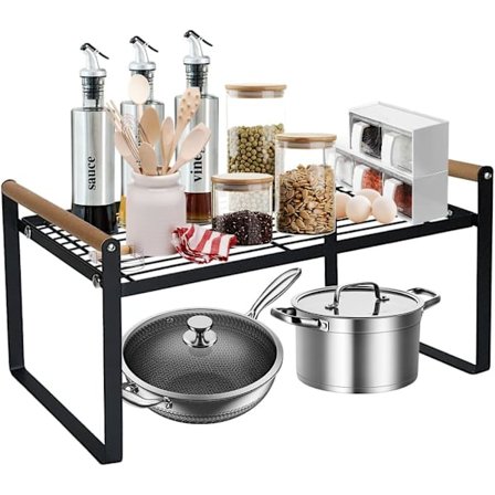 Kökshylla, kryddhylla, tillverkad av järn med trähandtag för hem- och köksförvaring, 35 x 21 x 20 cm svart