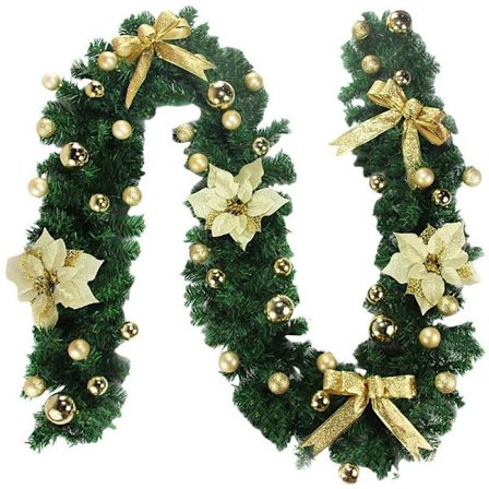 Lollanda 2,7 m Julkrans med belysning, juldekoration, festlig dekoration, vinterdekoration, konstgjord granris för hemmet, inomhus/utomhus, guld