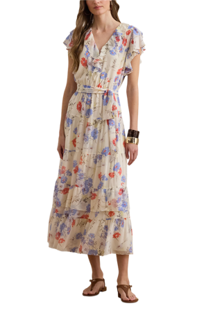 Lauren Ralph Floral Belted Georgette Tiered Dress Klänningar Dam Vit 40