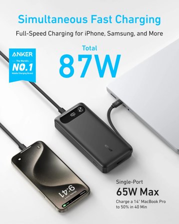 Anker Power Bank 20000mAh 87W innebygget USB-C-kabel