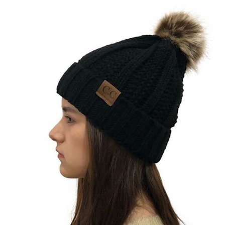 Kvinners vinterribbet lue Crossover Cap Chunky Cable Knit Pom Pom Myk isolert lue (svart)
