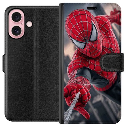 Yhteensopiva Lompakkokotelo Apple Apple iPhone 16 Dynaaminen Spider-Man-kuvaus toimintanäkökulmasta, supervoimien teema liikkeen energialla ja eloku