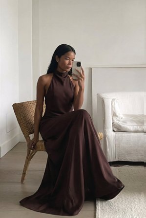 NA-KD Robe longue en satin à dos nu - Robe ras de cou - Marron - EU 32