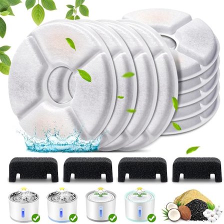 Kattfontene Erstatningsfilter, 8-pakke Kattvannfountainfilter & 4-pakke Forfilter Svamper for 81oz/2,4L Kjæledyrfontene, Trippelfiltreringssystem Ac h