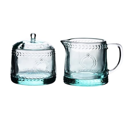 Elegant turkis sukkerbolle og melkekanne sett i glass, 9x9x7,3 cm