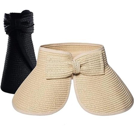2X Dame Strand Sol Hat med Bred Skygge Visor Flettet Skygge Sommer Foldbar Åndbar Anti-UV (BeigeSort)
