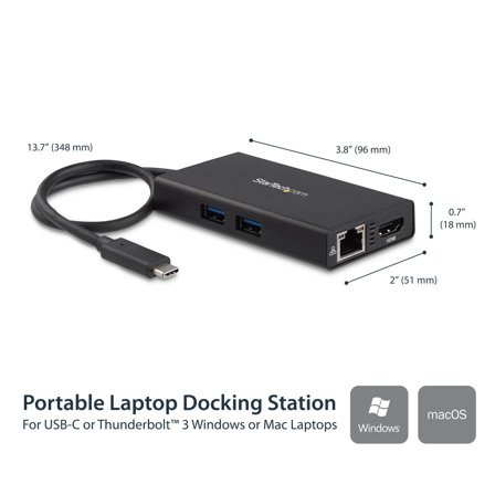 StarTech USB-C Multiport Adapter, USB-C Travel Docking Station with 4K HDMI, 60W Power Delivery Pass-Through, Ethernet (GbE), 2x USB-A 3.0 Hub,