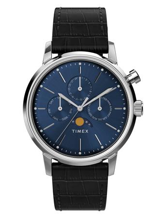 Marlin Quartz Moon Phase 40Mm Sst Case Blue Dial Black Leather Strap Black Timex