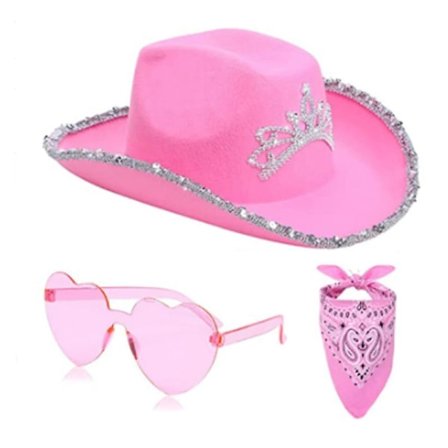 Barbie Powder Denim Hat 3-delt sæt Pink Crown Denim Hat Feather Edge Letter Denim Hat Sequin Pink Hat