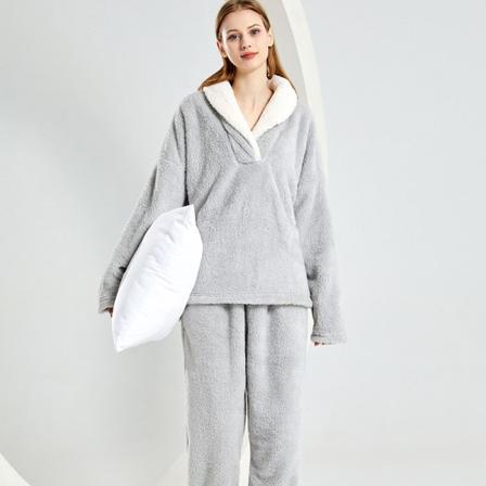 Kvinners Fleece Pyjamas Fluffy og Myk Todelt Pyjamas Sett Tykkere Hjemmeklær - Grå