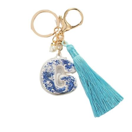 Blå og hvit porselen bokstav nøkkelring anheng nasjonal trend mote bil nøkkelring dusk anheng