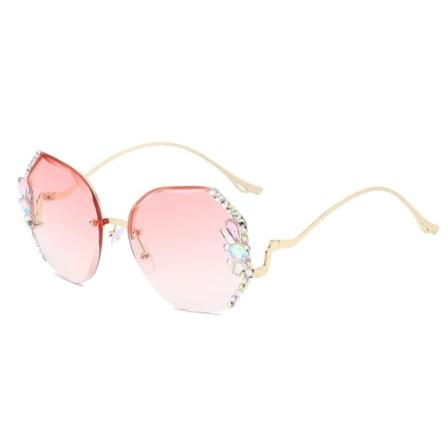 Nye Vintage Rammeløse Diamantsolbriller, Dame Overdimensjonerte Rammeløse Gradient Diamantslipte Linser UV-beskyttende Solbriller (Rosa)
