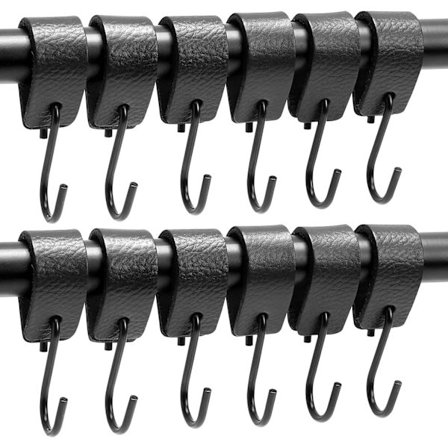 S-kroker, 12-delt sett med S-kroker med lærhemper, kleshengerkroker, gardinkroker, frakkekroker.