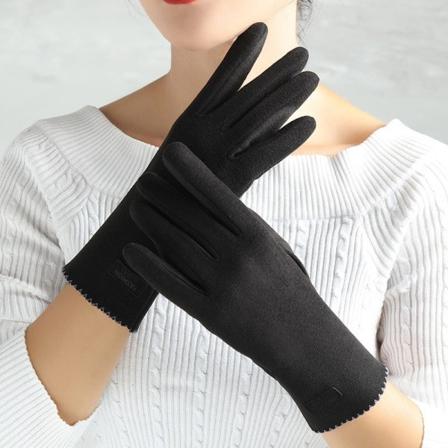 Smal Vintage Vindtät Touch Screen Handskar Kvinnor Vinter Full Finger Hand Warmer Mocka Handske Kvinna Unga Studenter Partihandel G027 Black 02 One 