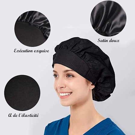 1 stk. Satin Nat Hår Bonnet, Søvn Huer, Strækbar Nat Hue Silke Nat Hår Bonnet til Hårpleje (A-Sort)