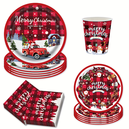 64 deler Julefestutstyrsett - Røde Papirtallerkener, Kopper, Servietter med God Jul-Tema Dekorasjoner, Miljøvennlig Servise til Jul (FMY)