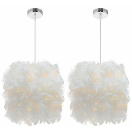 Sæt med 2 hvide fjer pendler 22cm lysekrone pendel lampeskærm E27 loftslampe til soveværelse, stue, spisestue, restaurant, dekorati