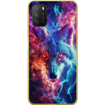 Kompatibelt Mobildeksel til Xiaomi Poco M3 Intenst ulv med blå og oransje ild rundt ansiktet, kraftig fantasyillustrasjon med magisk energi og sterk