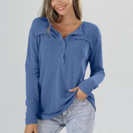 Damer Button Down Tunika Blus Waffle Pullover
