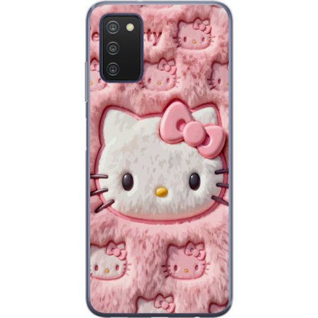 Kompatibel Mobilcover til Samsung Galaxy A03s Hello Kitty lyserød fluffy baggrund med ikonisk ansigt og kawaii-æstetik