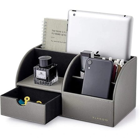 Skrivebordsorganisator med skuff, skrivebordsorganisator i kontorpapir i lær, multifunksjonell skrivebordspenn, fjernkontrollholder Grå