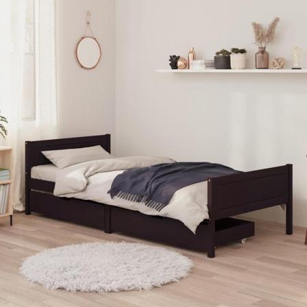 Vidaxl Sängram Med 2 Lådor Mörkbrun Massiv Furu 100x200 Cm Brun
