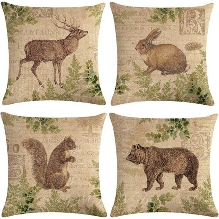 Vintage-tyylinen eläinkuvioinen tyynynpäällinen, orava, karhu, hirvi, tyynyliina, neliönmuotoinen puuvillapellava, koristetyynynpäälliset, 4 kpl, 45 x