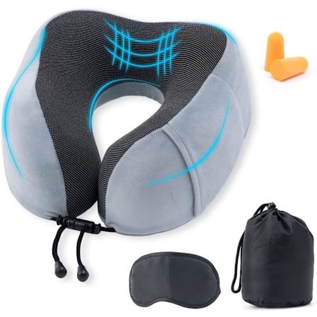 Reiseputer Nakkestøtte Sett 100% Memory Foam Komfortabel Pustende Puter med 3D Oppbevaringspose Øyeplaster Ørepropper Lett Reiseputer for Soving, Bil,