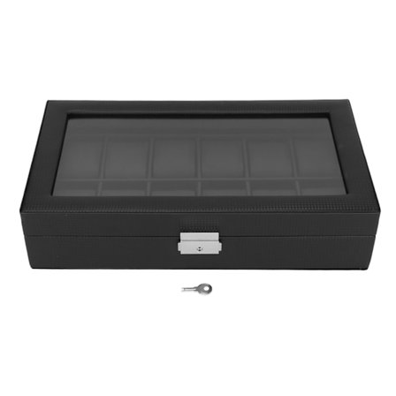 Ur Organizer til 12 ure - Sort kulfiber tekstur - Fortykket akryl låg - Ur display kasse - Ur opbevaringsboks