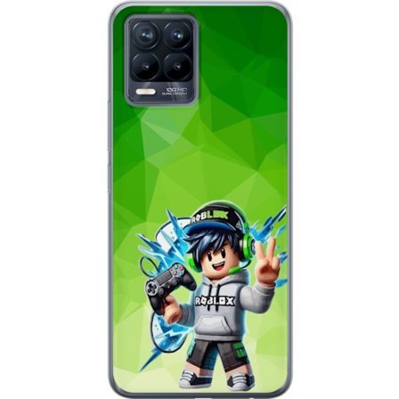 Yhteensopiva Puhelinkuori Realme 8 Roblox-inspiroitu pelaajahahmo, jossa on kuulokkeet, ohjain ja energiset efektit vihreää taustaa vasten