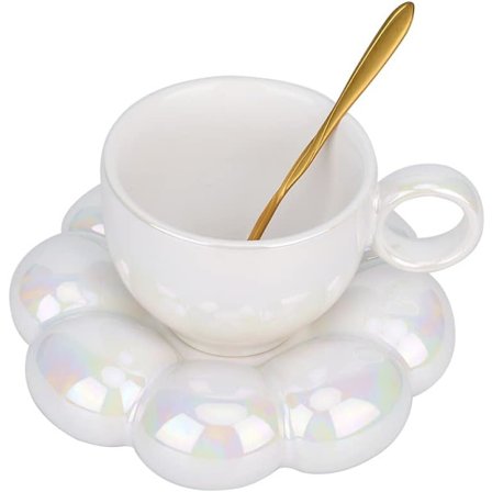 Keramisk kaffekopp, Sky kaffekopp og skålsett, Søt kopp med blomsterskje og solsikke-coaster, Kawaii tekopp med skål hvit