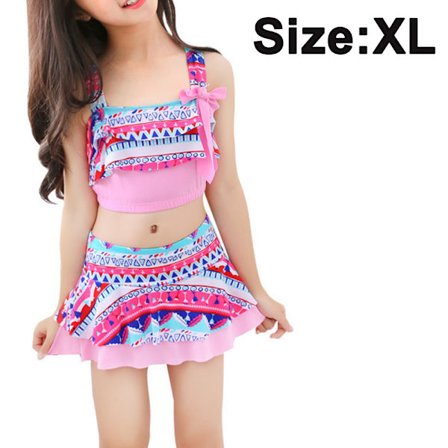 Jente Badetøy med Blomstertrykk, Rufflet Todelt Badetøy, Splittet Badetøy Skjørt