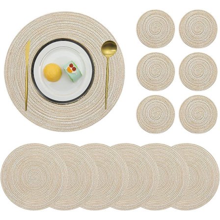 38cm/15 tum Vävda Runda 6 Stycken Placemats Värmeisolering halkfri Flätad Bomull Middagsbord Mattor Tvättbara Place Mats (Beige)