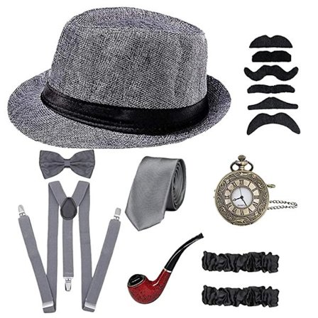 1920-talls Herre Gatsby 8-delt Tilbehørssett Hatt Seler Sløyfe