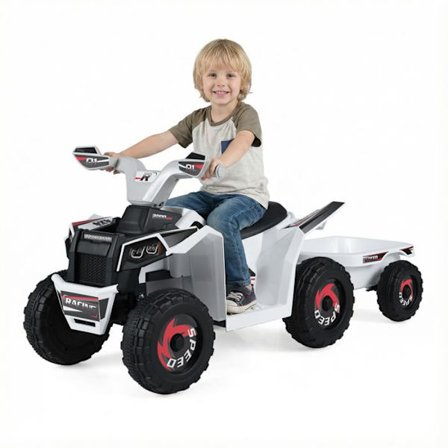 COSTWAY Fyrhjuling Elektrisk för Barn 6V 4.5Ah med Avtagbar Släpvagn, 6 Halkfria Hjul & Knapp & Pedal, 30kg, 3 År+ Vit