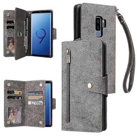 Kompatibelt Samsung Galaxy S9 Plus-deksel i PU-skinn med magnetisk flipp, glidelåskortlomme og lommebokfunksjon