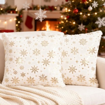 Dekorativa Glitter Snöflinga Kuddfodral Set om 2 för Julhelger Soffa Kudde Vit 45x45cm