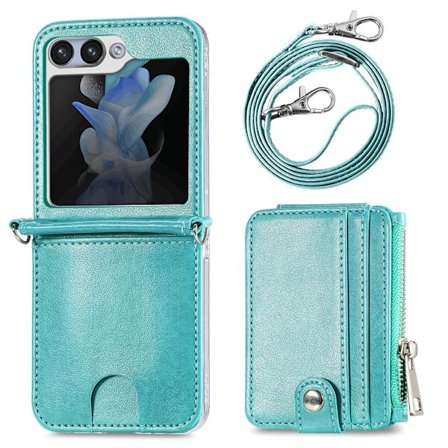 Samsung Galaxy Z Flip 5 - Plånboksfodral i Retrostil av PU-Läder med Korthållare och Halskedja