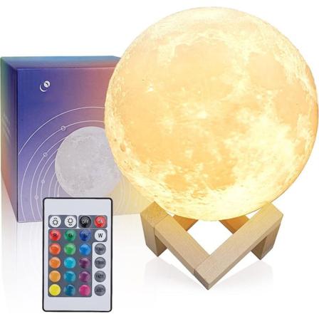 16 färger LED 3D månlampa med trästativ, 4,7 tum - fjärrkontroll, USB-laddning, LED nattlampa för barn, flickor, sovrum, heminredning