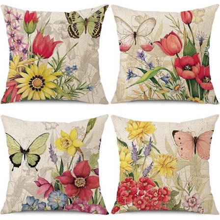 4-delt putetrekksett, dekorativt putetrekk med blomster og sommerfugler